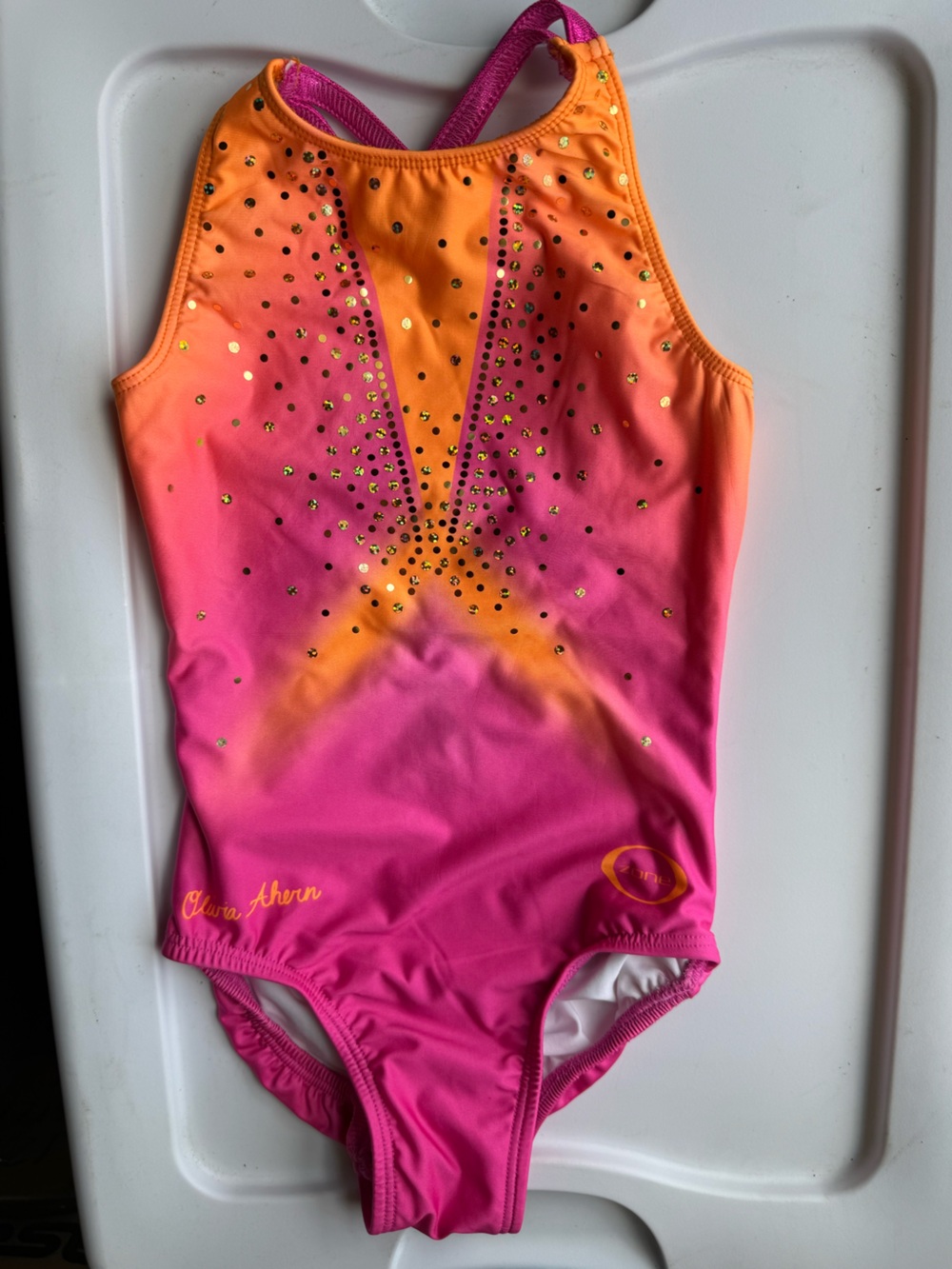 Youth medium Ozone pink and orange leotard